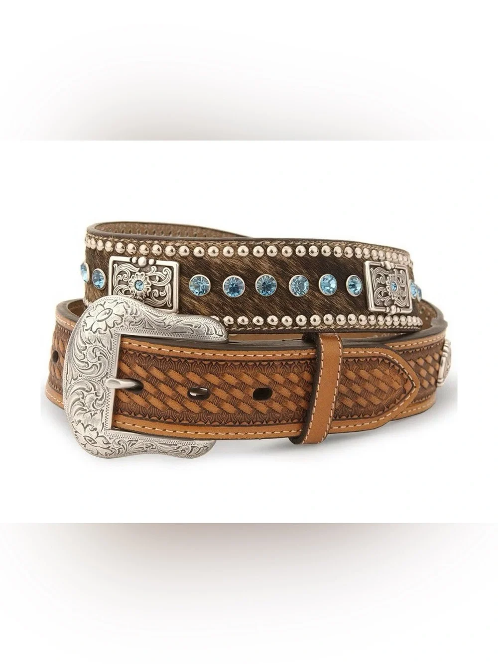 Nocona Genuine Tooled Leather,Hair on hide, Concho,blue stones,silvertone buckle